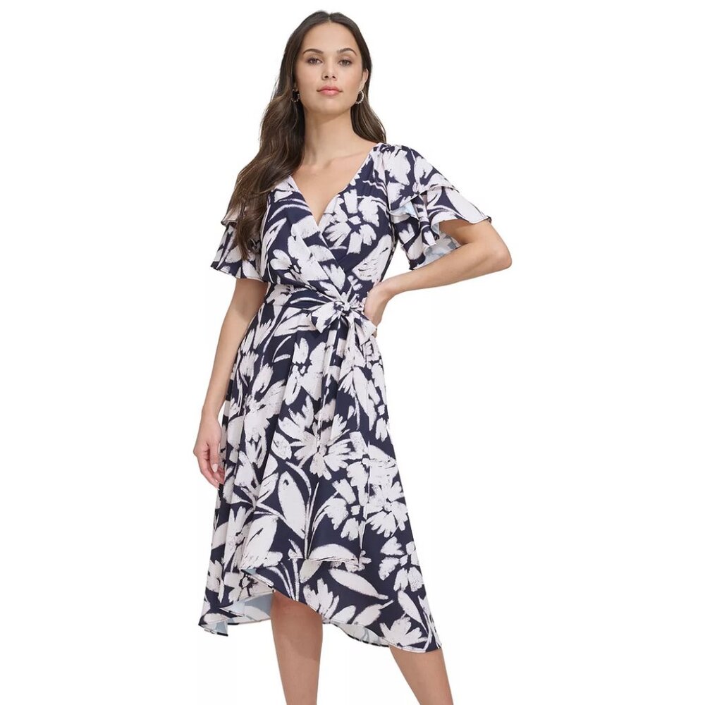 DKNY Women's Printed Flutter Sleeve Surplice Neckline Dress 10